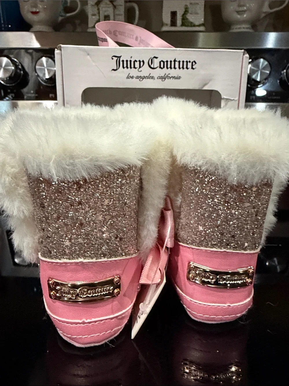 Juicy Couture Pink Glitter Baby Booties with Faux Fur Trim